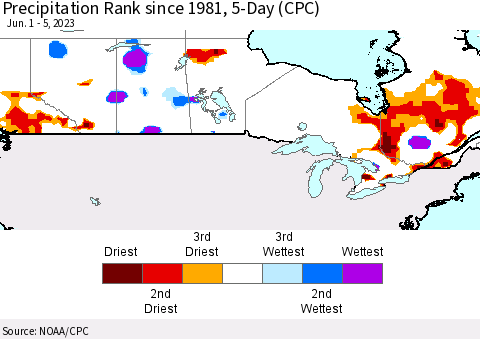 Canada Precipitation Rank since 1981, 5-Day (CPC) Thematic Map For 6/1/2023 - 6/5/2023