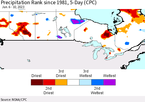 Canada Precipitation Rank since 1981, 5-Day (CPC) Thematic Map For 6/6/2023 - 6/10/2023