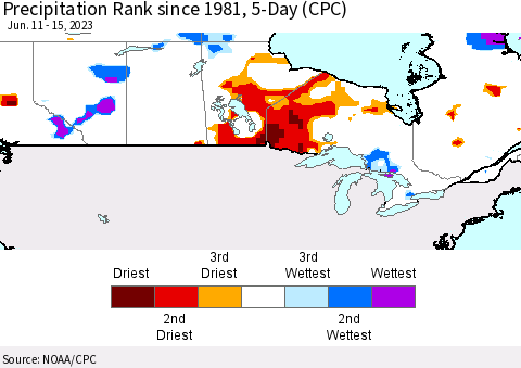 Canada Precipitation Rank since 1981, 5-Day (CPC) Thematic Map For 6/11/2023 - 6/15/2023