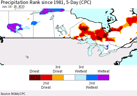 Canada Precipitation Rank since 1981, 5-Day (CPC) Thematic Map For 6/16/2023 - 6/20/2023