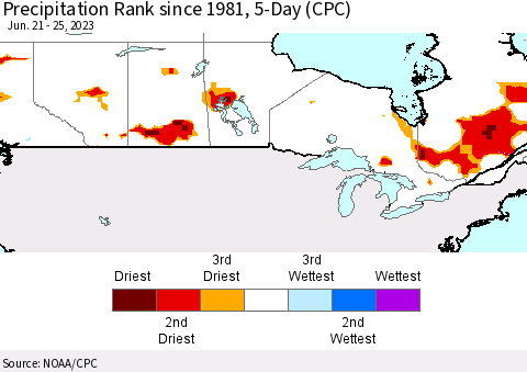 Canada Precipitation Rank since 1981, 5-Day (CPC) Thematic Map For 6/21/2023 - 6/25/2023