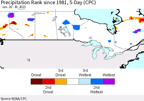 Canada Precipitation Rank since 1981, 5-Day (CPC) Thematic Map For 6/26/2023 - 6/30/2023