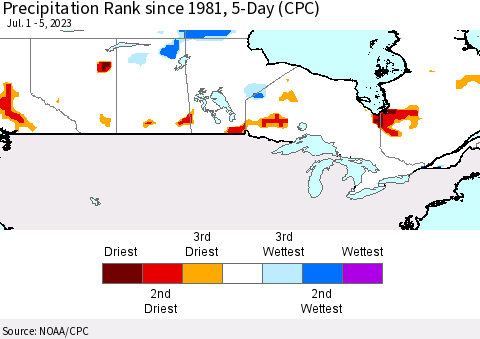 Canada Precipitation Rank since 1981, 5-Day (CPC) Thematic Map For 7/1/2023 - 7/5/2023
