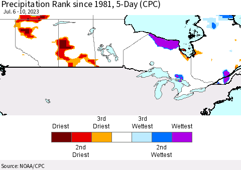 Canada Precipitation Rank since 1981, 5-Day (CPC) Thematic Map For 7/6/2023 - 7/10/2023