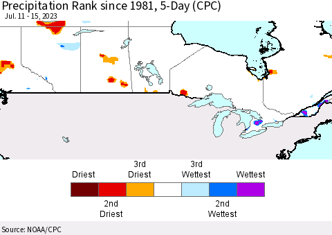 Canada Precipitation Rank since 1981, 5-Day (CPC) Thematic Map For 7/11/2023 - 7/15/2023