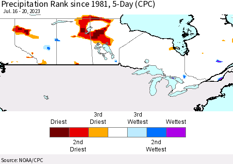 Canada Precipitation Rank since 1981, 5-Day (CPC) Thematic Map For 7/16/2023 - 7/20/2023