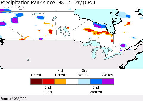 Canada Precipitation Rank since 1981, 5-Day (CPC) Thematic Map For 7/21/2023 - 7/25/2023