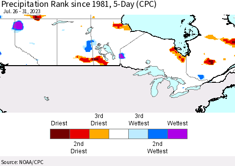 Canada Precipitation Rank since 1981, 5-Day (CPC) Thematic Map For 7/26/2023 - 7/31/2023