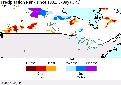 Canada Precipitation Rank since 1981, 5-Day (CPC) Thematic Map For 8/1/2023 - 8/5/2023