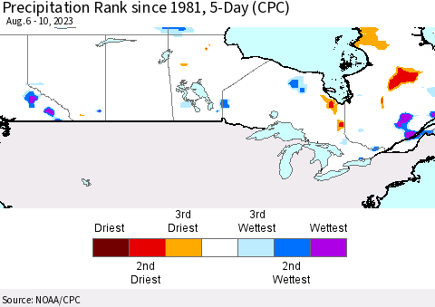 Canada Precipitation Rank since 1981, 5-Day (CPC) Thematic Map For 8/6/2023 - 8/10/2023