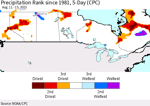 Canada Precipitation Rank since 1981, 5-Day (CPC) Thematic Map For 8/11/2023 - 8/15/2023