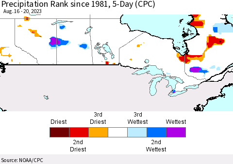 Canada Precipitation Rank since 1981, 5-Day (CPC) Thematic Map For 8/16/2023 - 8/20/2023