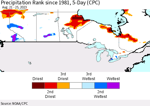 Canada Precipitation Rank since 1981, 5-Day (CPC) Thematic Map For 8/21/2023 - 8/25/2023