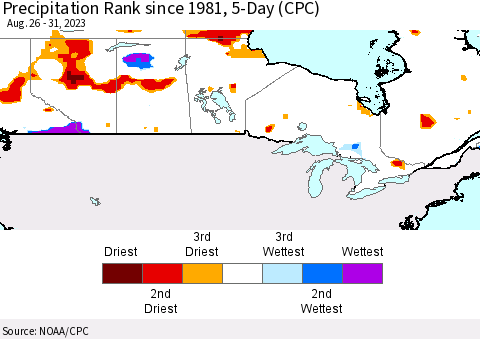 Canada Precipitation Rank since 1981, 5-Day (CPC) Thematic Map For 8/26/2023 - 8/31/2023