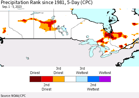 Canada Precipitation Rank since 1981, 5-Day (CPC) Thematic Map For 9/1/2023 - 9/5/2023