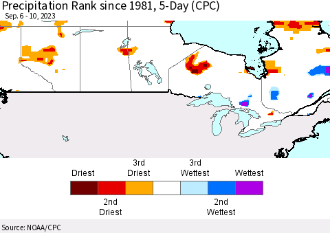 Canada Precipitation Rank since 1981, 5-Day (CPC) Thematic Map For 9/6/2023 - 9/10/2023