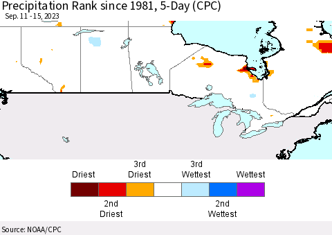 Canada Precipitation Rank since 1981, 5-Day (CPC) Thematic Map For 9/11/2023 - 9/15/2023