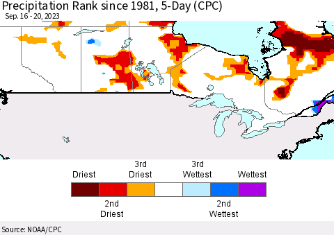 Canada Precipitation Rank since 1981, 5-Day (CPC) Thematic Map For 9/16/2023 - 9/20/2023