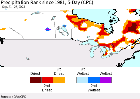 Canada Precipitation Rank since 1981, 5-Day (CPC) Thematic Map For 9/21/2023 - 9/25/2023