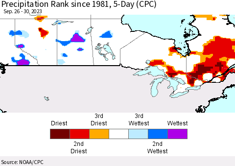 Canada Precipitation Rank since 1981, 5-Day (CPC) Thematic Map For 9/26/2023 - 9/30/2023