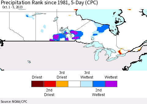 Canada Precipitation Rank since 1981, 5-Day (CPC) Thematic Map For 10/1/2023 - 10/5/2023