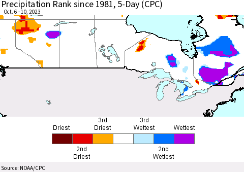 Canada Precipitation Rank since 1981, 5-Day (CPC) Thematic Map For 10/6/2023 - 10/10/2023