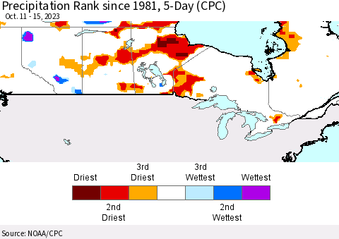 Canada Precipitation Rank since 1981, 5-Day (CPC) Thematic Map For 10/11/2023 - 10/15/2023