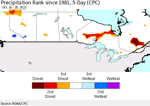 Canada Precipitation Rank since 1981, 5-Day (CPC) Thematic Map For 10/16/2023 - 10/20/2023