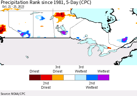 Canada Precipitation Rank since 1981, 5-Day (CPC) Thematic Map For 10/21/2023 - 10/25/2023