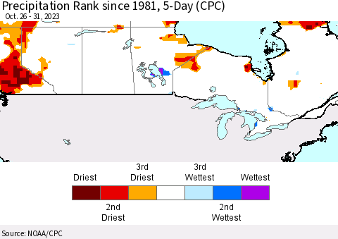 Canada Precipitation Rank since 1981, 5-Day (CPC) Thematic Map For 10/26/2023 - 10/31/2023