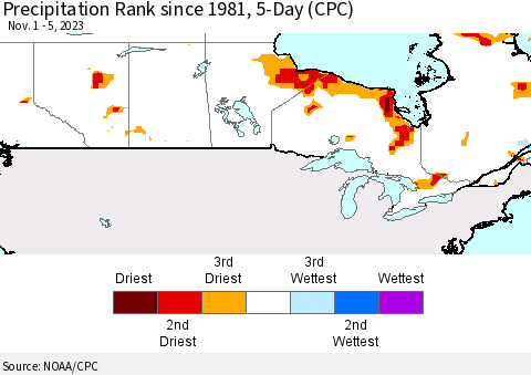 Canada Precipitation Rank since 1981, 5-Day (CPC) Thematic Map For 11/1/2023 - 11/5/2023
