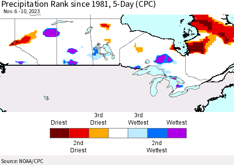 Canada Precipitation Rank since 1981, 5-Day (CPC) Thematic Map For 11/6/2023 - 11/10/2023