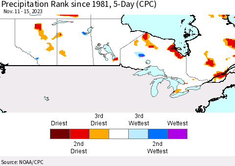 Canada Precipitation Rank since 1981, 5-Day (CPC) Thematic Map For 11/11/2023 - 11/15/2023