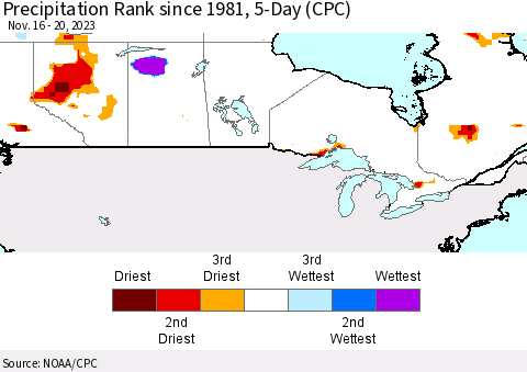Canada Precipitation Rank since 1981, 5-Day (CPC) Thematic Map For 11/16/2023 - 11/20/2023