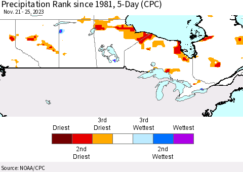 Canada Precipitation Rank since 1981, 5-Day (CPC) Thematic Map For 11/21/2023 - 11/25/2023