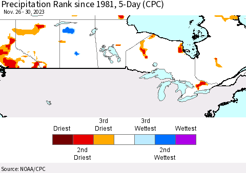 Canada Precipitation Rank since 1981, 5-Day (CPC) Thematic Map For 11/26/2023 - 11/30/2023
