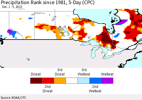 Canada Precipitation Rank since 1981, 5-Day (CPC) Thematic Map For 12/1/2023 - 12/5/2023