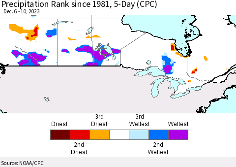 Canada Precipitation Rank since 1981, 5-Day (CPC) Thematic Map For 12/6/2023 - 12/10/2023