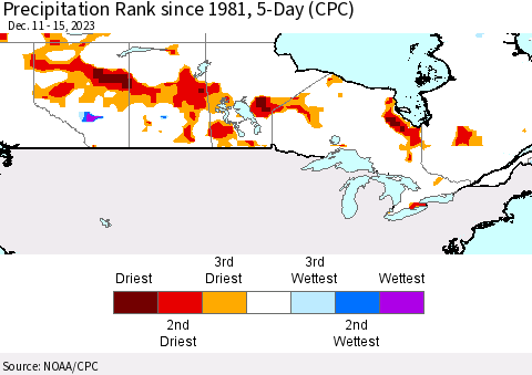 Canada Precipitation Rank since 1981, 5-Day (CPC) Thematic Map For 12/11/2023 - 12/15/2023