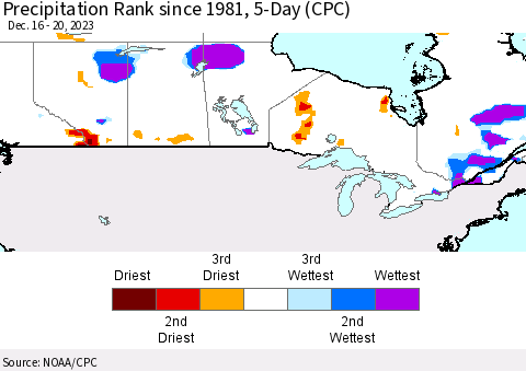 Canada Precipitation Rank since 1981, 5-Day (CPC) Thematic Map For 12/16/2023 - 12/20/2023