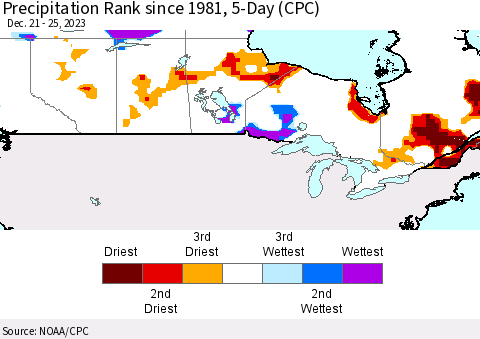Canada Precipitation Rank since 1981, 5-Day (CPC) Thematic Map For 12/21/2023 - 12/25/2023