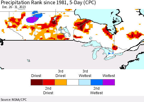 Canada Precipitation Rank since 1981, 5-Day (CPC) Thematic Map For 12/26/2023 - 12/31/2023