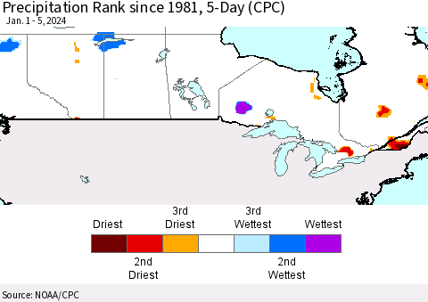 Canada Precipitation Rank since 1981, 5-Day (CPC) Thematic Map For 1/1/2024 - 1/5/2024