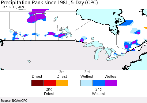 Canada Precipitation Rank since 1981, 5-Day (CPC) Thematic Map For 1/6/2024 - 1/10/2024