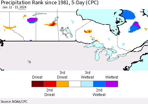 Canada Precipitation Rank since 1981, 5-Day (CPC) Thematic Map For 1/11/2024 - 1/15/2024