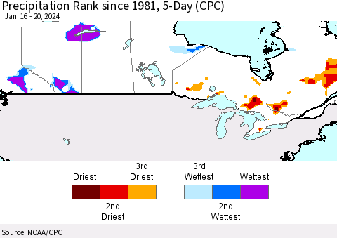 Canada Precipitation Rank since 1981, 5-Day (CPC) Thematic Map For 1/16/2024 - 1/20/2024