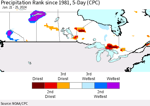 Canada Precipitation Rank since 1981, 5-Day (CPC) Thematic Map For 1/21/2024 - 1/25/2024