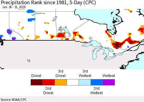 Canada Precipitation Rank since 1981, 5-Day (CPC) Thematic Map For 1/26/2024 - 1/31/2024
