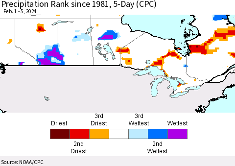Canada Precipitation Rank since 1981, 5-Day (CPC) Thematic Map For 2/1/2024 - 2/5/2024