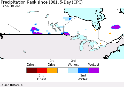 Canada Precipitation Rank since 1981, 5-Day (CPC) Thematic Map For 2/6/2024 - 2/10/2024